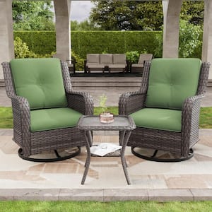 3-Piece Wicker Patio Swivel Outdoor Rocking Chair Set with Green Cushions and Table