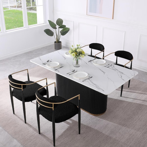 Modern 5-Piece Faux Marble Dining Table Top with Boucle Arm Chair in Black Dining Room Set for Kitchen