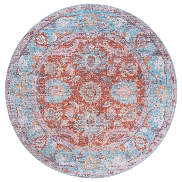 SAFAVIEH Martha Stewart Washable Turquoise/Rust 6 ft. x 6 ft. Machine Washable Distressed Ornate Round Area Rug