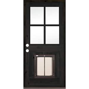 32 in. x 80 in. Knotty Alder Right-Hand/Inswing 4-Lite Clear Glass Black Stain Wood Prehung Front Door w/Large Dog Door