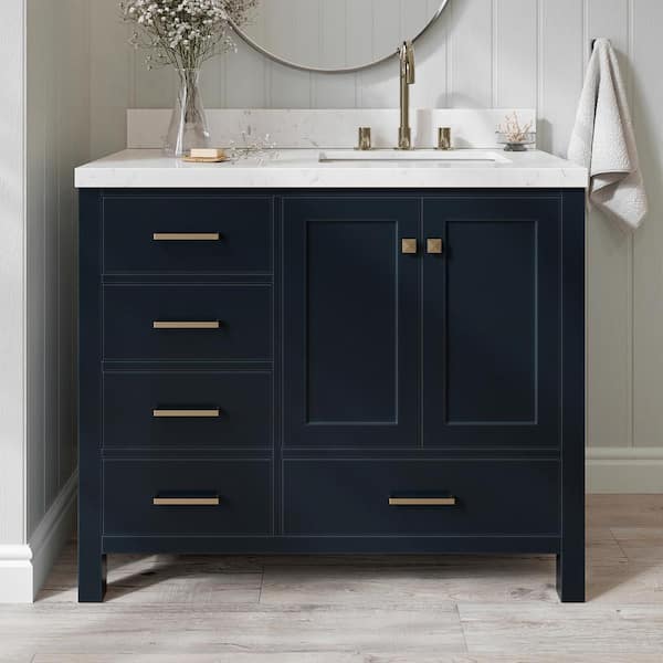 ARIEL Cambridge 42 in.W x 22 in.D x 36 in.H Single Rectangle Sink Bath Vanity in Midnight Blue with Carrara White Quartz Top