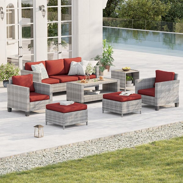 7-Piece Patio Conversation Set Grey Wicker Outdoor Furniture Set Three-Seat Sofa Thickening Cushions, Rust Red