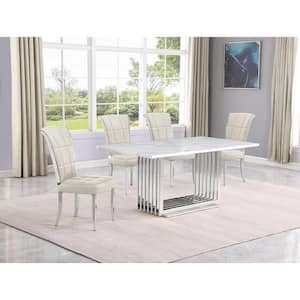 Lisa 5-Piece Rectangular White Marble Top Chrome Base Dining Set with Cream Velvet Chairs Seats 4