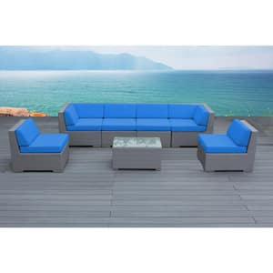 Gray 7-Piece Wicker Patio Seating Set with Supercrylic Blue Cushions