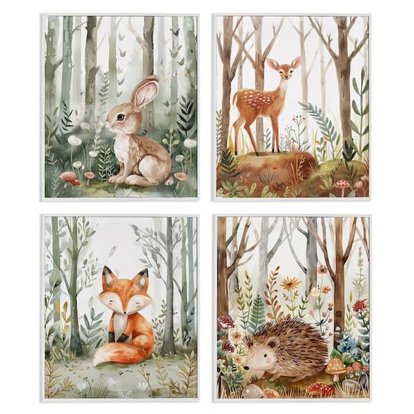 Baby Animals in Woods by LSR Design Studio 4 Pieces White Framed Animal Giclee Art Print 20 in. x 16 in.