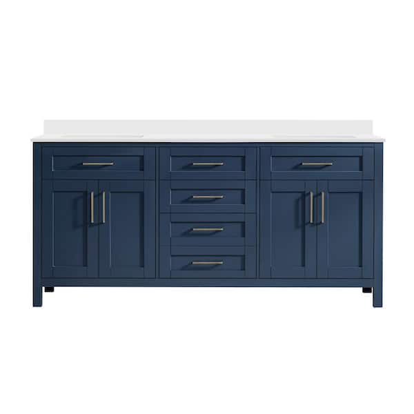 Tahoe 72 in. Double Sink Midnight Blue Bath Vanity with White Engineered Stone Top and Integrated Outlet (Assembled)