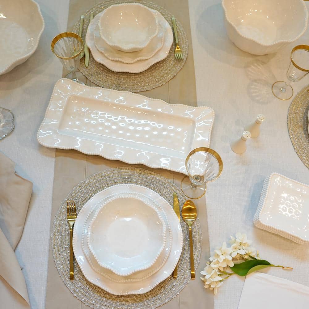 White Melamine 12-Piece Dinnerware Set with Beaded Ruffled Rims