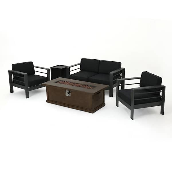 Noble House Cape Coral Grey 5-Piece Metal Patio Fire Pit Set with Dark Grey Cushions