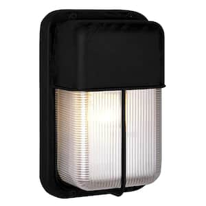 Well 10 in. 1-Light Black Rectangular Bulkhead Outdoor Wall Light with Ribbed Acrylic Shade