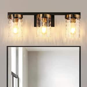 24 in. 3-Light Black and Glod Bathroom Vanity Light with Seeded Glass Shades Wall Sconce for Bathroom