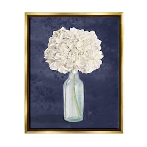 White Floral Bouquet in Bottle Blue Painting by James Wiens Floater Frame Nature Wall Art Print 25 in. x 31 in. .