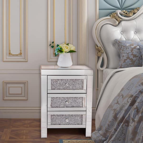 Utopia 4niture Diane 3-Drawer Silver Mirrored Nightstand 23.6 in. H x 17.25 in. W x 13.4 in. L