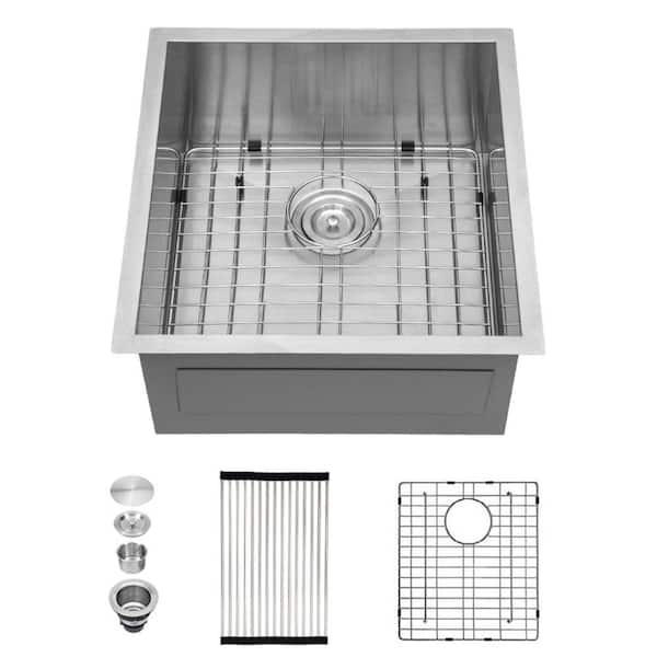 EPOWP 17 in. Undermount Single Bowl 18-Gauge Brushed Nickel Stainless Steel Kitchen Sink with Bottom Grid and Drying Rack