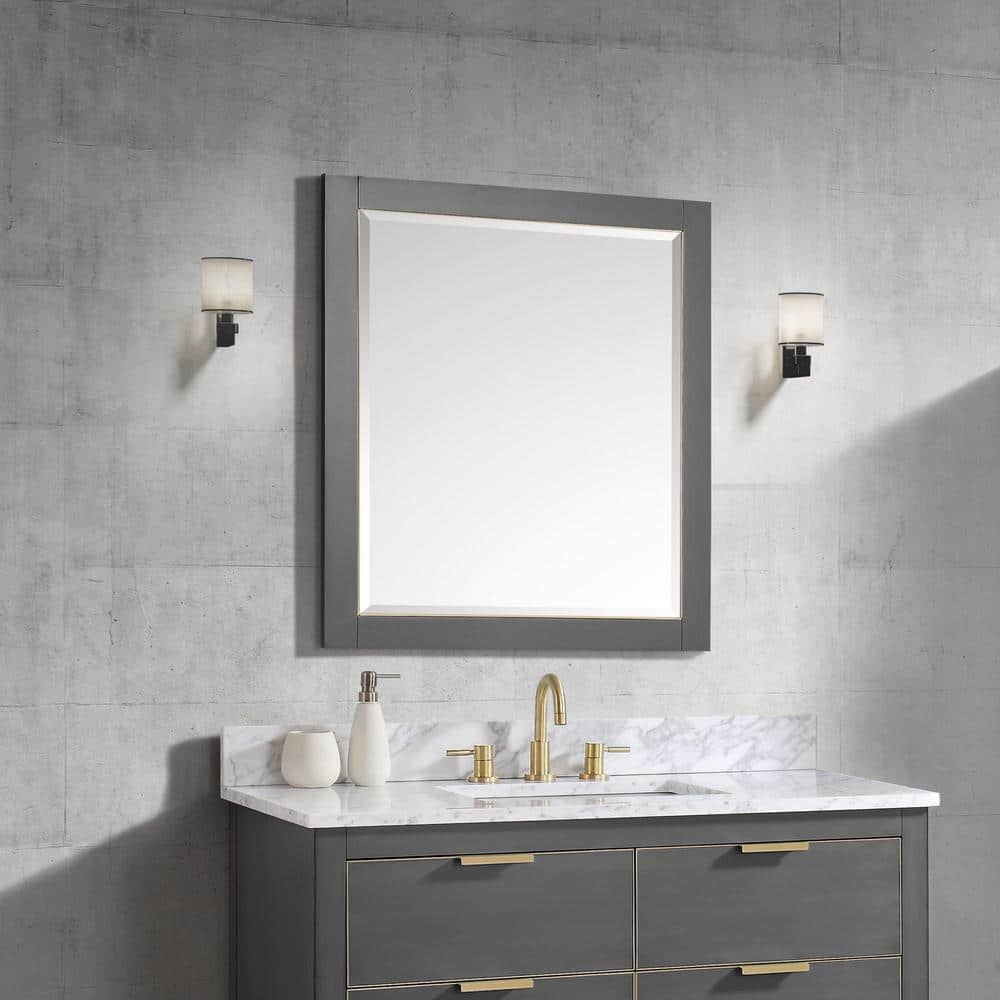 Austen 32" x 28" Twilight Gray Wood Framed Bathroom Vanity Mirror with Matte Gold Trim
