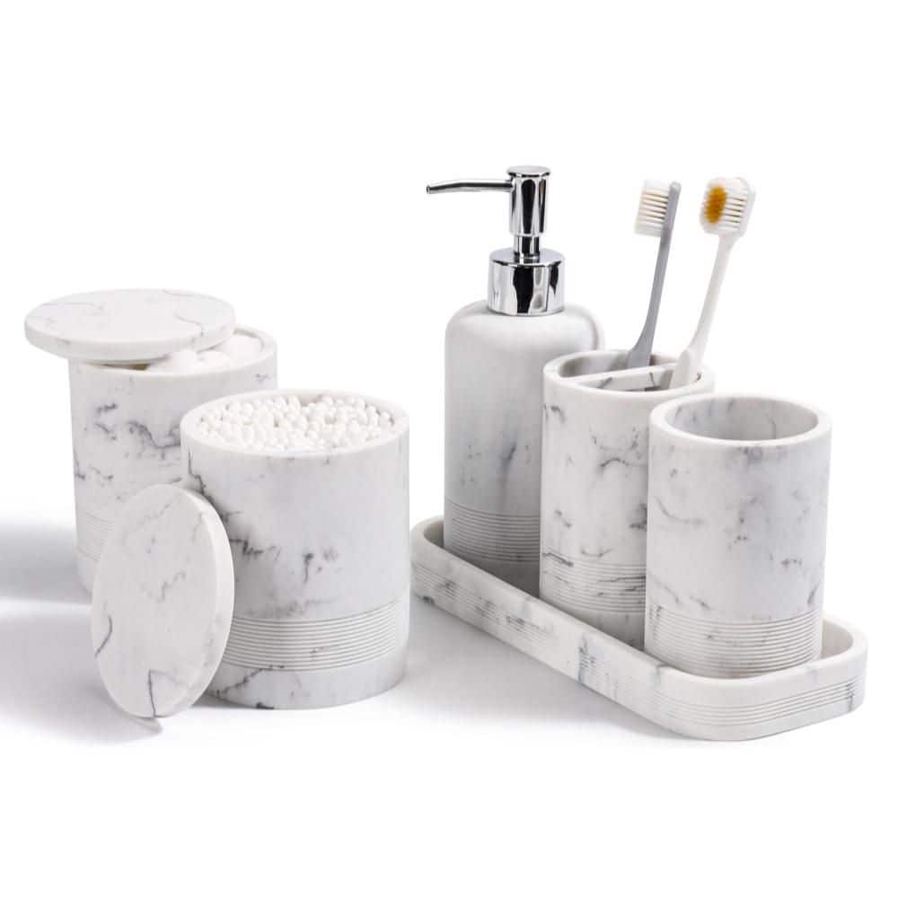 6-Piece Bathroom Accessory Set with Soap Dispenser, Vanity Tray, Tumbler, Cotton Swab Jar for Bathroom Organizer, Marble price history on PriceWatchPro