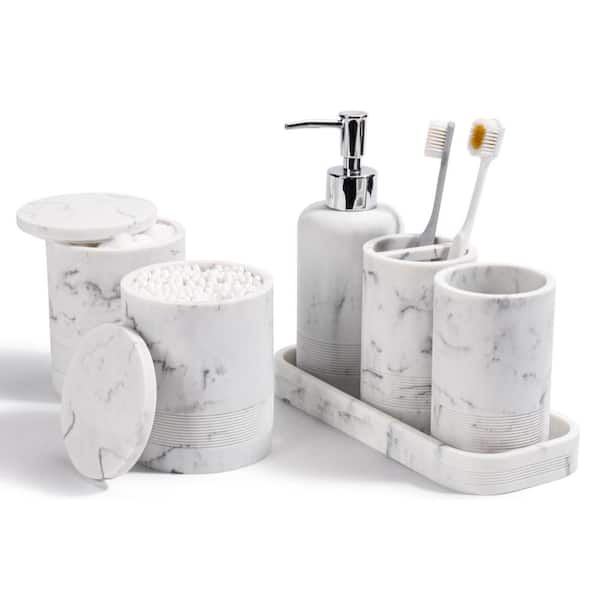 6-Piece Bathroom Accessory Set with Soap Dispenser, Vanity Tray, Tumbler, Cotton Swab Jar for Bathroom Organizer, Marble