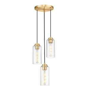 Modern 3-Light Gold Pendant Light with Clear Striped Glass Shade, No Bulbs Included