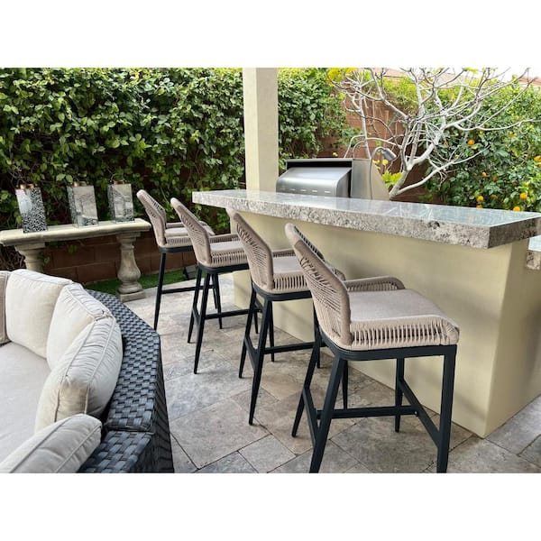Modern Aluminum Twill Wicker Woven Bar Height Outdoor Bar Stool with Back and Dark Gray Cushion (2-Pack)