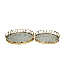 Gold Stainless Steel Mirrored Decorative Tray with Circle Patterned Sides (Set of 2)