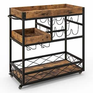 3-Tier Rustic Brown Mobile Bar Serving Cart Liquor Storage Trolley with Removable Tray Wine Rack