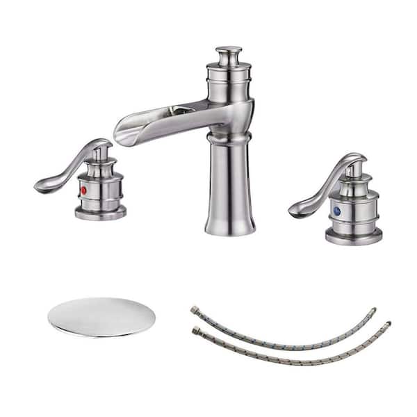FORCLOVER 8 in. Widespread Double Handle Waterfall Bathroom Faucet With Pop-up Drain Assembly in Spot Resist Brushed Nickel