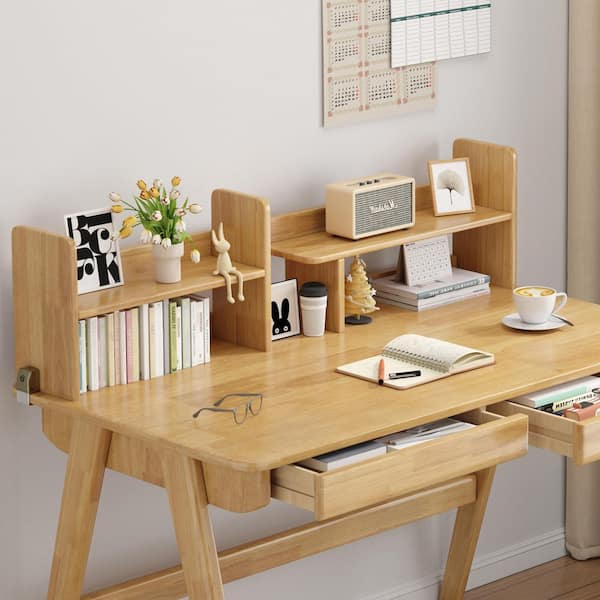 1-Piece Beige Kids Study Desk Rubber Wood with Bookshelf and 2-Drawers, Study/Writing Table for Bedroom Home Office