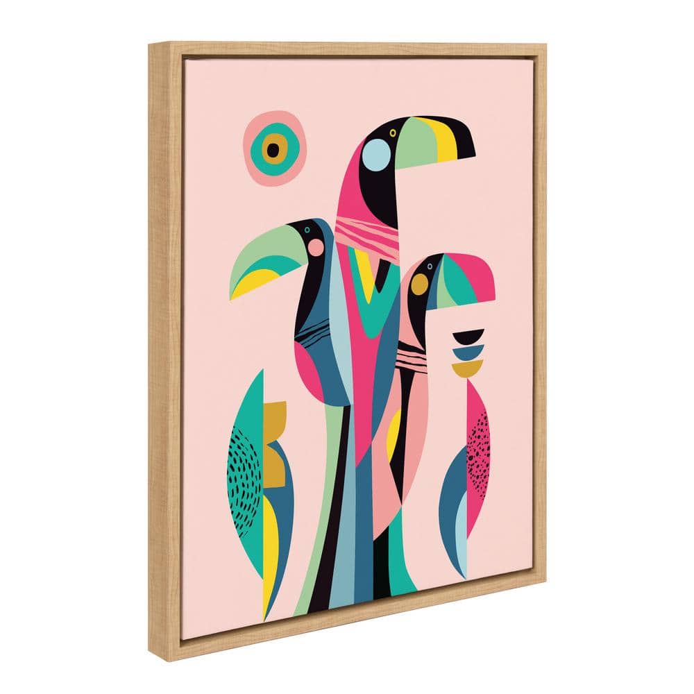Mid Century Modern Tropical Toucan Canvas Wall Art in Natural Frame