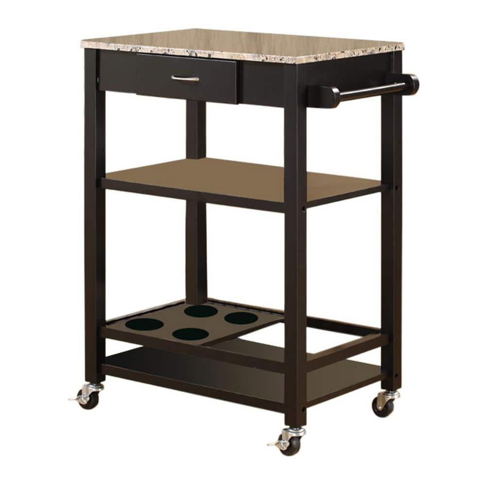 Kings Brand Furniture Black / Faux Marble Top Serving Bar Cart with Towel Bar SDK02 The Home Depot