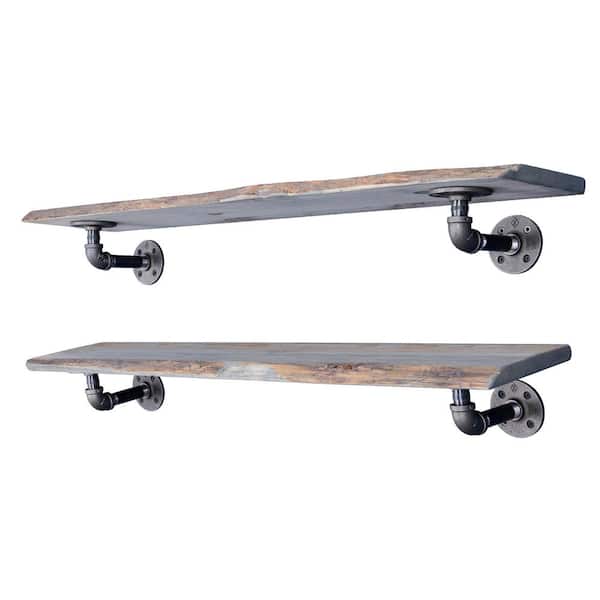PIPE DECOR 36 in. W x 7.5 in. D x 4.5 in. H Riverstone Grey Live Edge Wood Decorative Wall Shelf with Pipe Brackets (Set of 2)