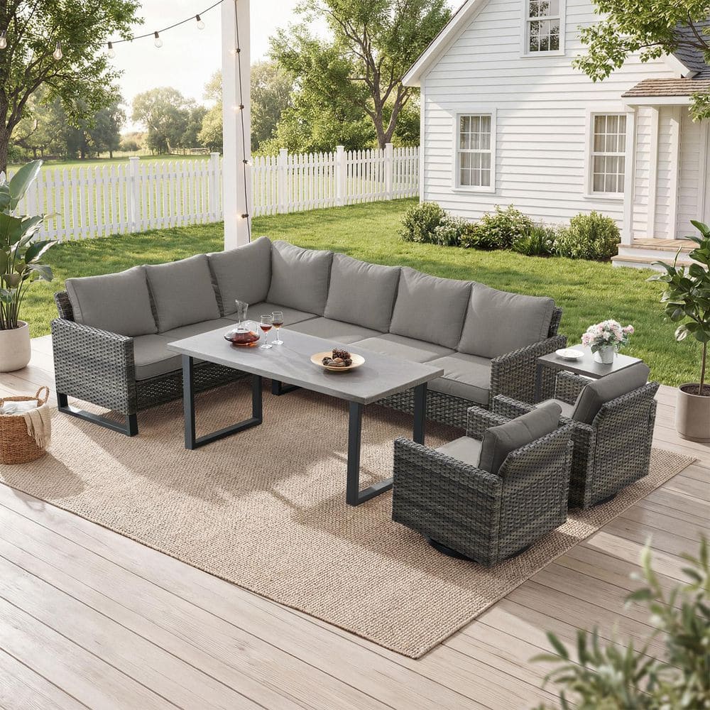 moosprr 7-Piece Gray Wicker Patio Conversation Set with Olefin Gray ...