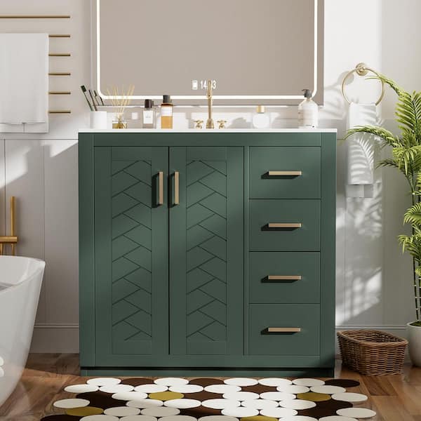 36 in. Freestanding Single Sink Green Bath Vanity with White Ceramic Top
