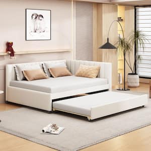 Beige Full Size Linen Upholstered Wood Daybed with Trundle