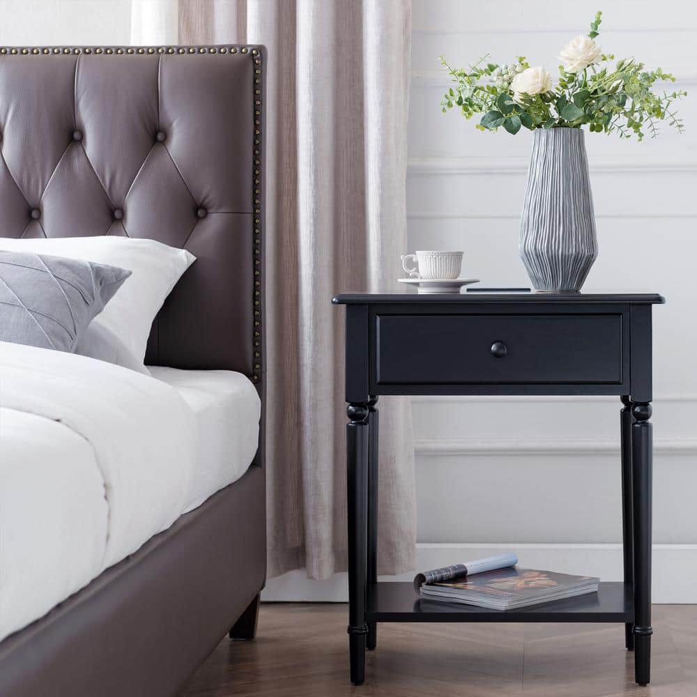 Swan Black Coastal 24" Solid Wood Nightstand with USB-C Charging