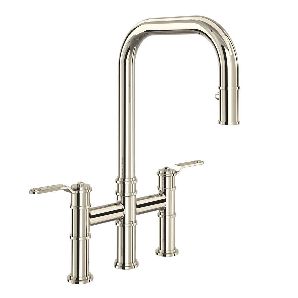 PERRIN & ROWE Armstrong Double Handle Bridge Kitchen Faucet in Polished Nickel U.4551HT-PN-2 ...
