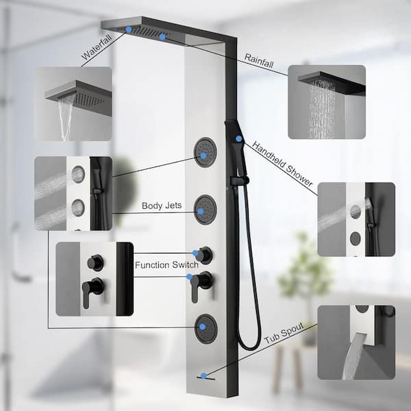 5-in-1 3-Jet Shower Panel Shower Tower with Rainfall Waterfall Shower Head in Brushed Nickel