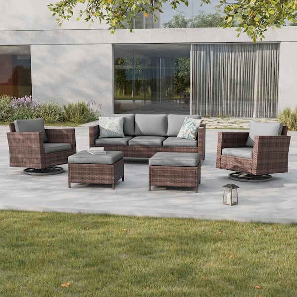 Sonkuki 5-Piece Patio Conversation Set Brown Wicker with Swivel Rocking Chair and Gray Thickening Cushions