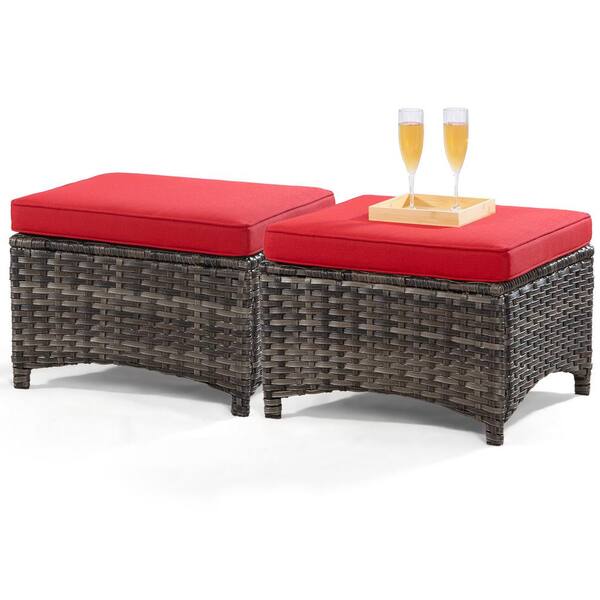 Gardenbee Wicker Outdoor Patio Ottoman with Red Cushions (Set of 2) M74