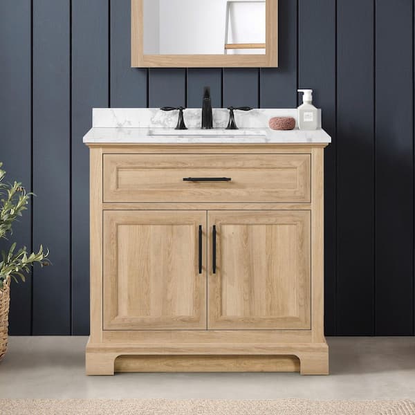 Doveton 36 in. Single Sink Freestanding Weathered Tan Bath Vanity with White Engineered Marble Top (Assembled)