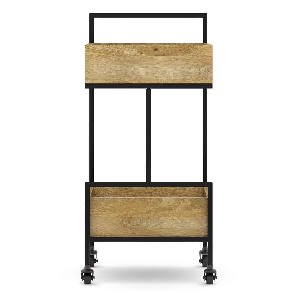 Natural Mango Wood and Black Metal Industrial Bar Cart with Storage