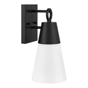 Duvall 14 in. 1-Light Black Outdoor Hardwired Wall Lantern Sconce with Etched Opal Glass Shade