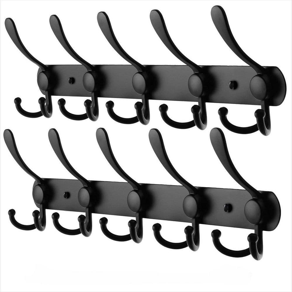 14 in. Wall Mounted Hook Rack in Black, 2 Pack