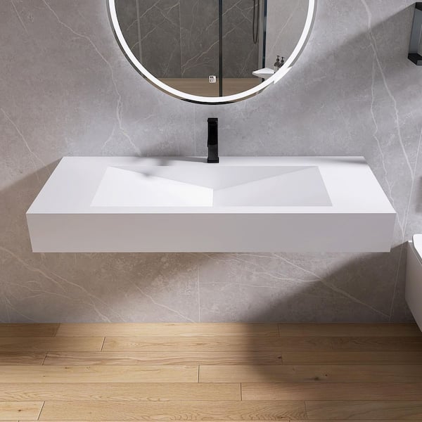 48 in. L x 20 in. W x 6 in. D White Solid Surface Wall-Mounted Bathroom Vessel Sink with Single Faucet Hole