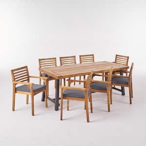 Atlantic 30 in. Teak Brown 9-Piece Wood Rectangular Outdoor Dining Set with Dark Grey Cushions