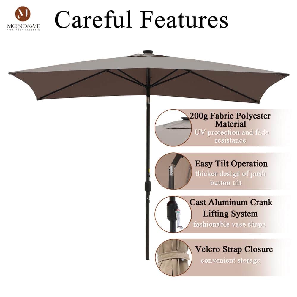 6.5 x 10ft Rectangular Patio Umbrella with 26 Led Lights Outdoor Market Table Umbrella with Push Button Tilt and Crank for Garden(Taupe)