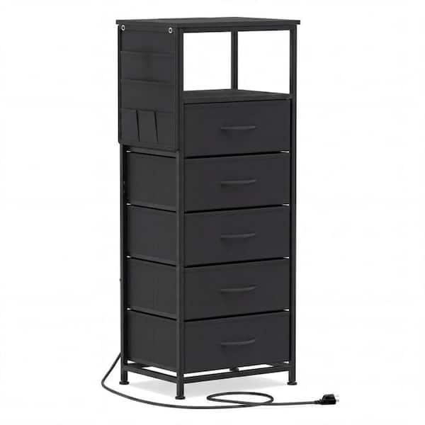 Black 5-Drawer 16 in. W x 39 in. H Nightstand Integrated Charging Station
