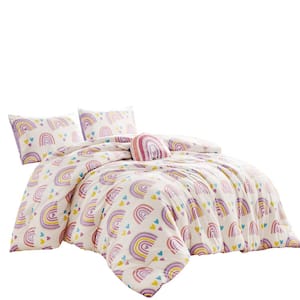 4 Piece Twin Size Bedding Comforter Set, Ultra Soft Polyester Elegant Bedding Comforters--Heart and Cute Rainbow