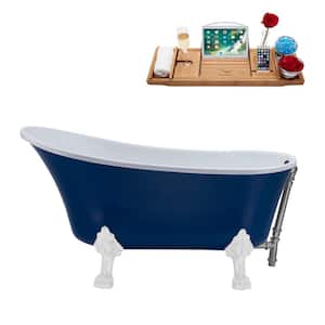 55 in. Acrylic Clawfoot Non-Whirlpool Bathtub in Matte Blue With Brushed Gun Metal Drain And Glossy White Clawfeet