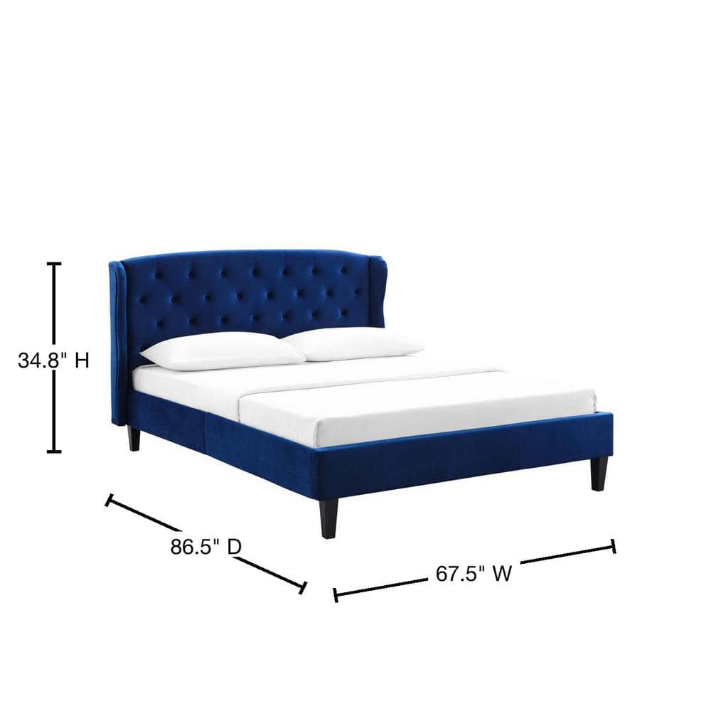 Navy Velvet Tufted Upholstered Queen Bed with Wood Frame