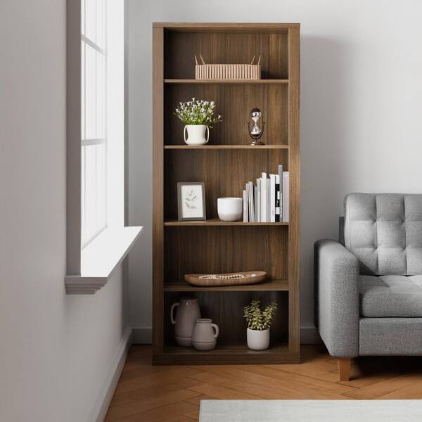 Brookside Elaine 72 in. Brown Wood 5-Shelf Standard Bookcase with Adjustable Shelves