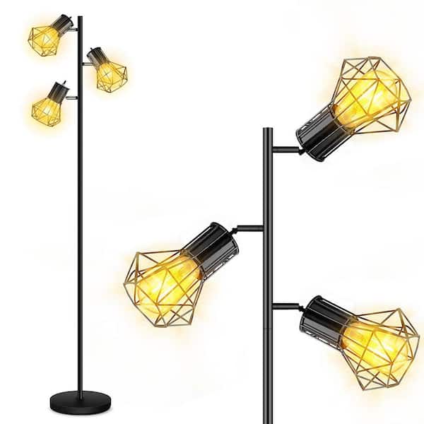 FestaLed 66 in. 3-Light Industrial Black Rustic Tree Floor Lamp, Farmhouse Standing Lamp with Adjustable Cage Shade